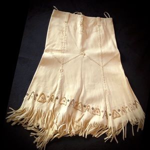 Ralph Lauren beaded white fringe leather skirt